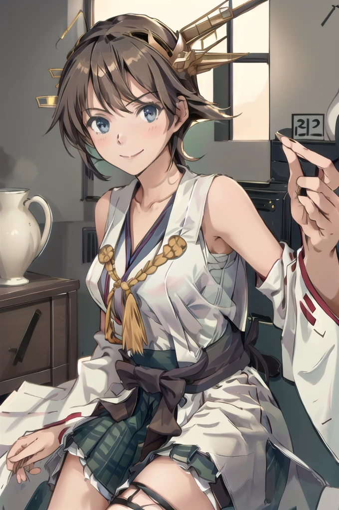 Highest quality, masterpiece, High resolution, alone, (Hiei Kai-2_Fleet Collection:1.15), オレンジ色hair, hairband, headgear, Non-traditional_Shrine maiden, smile, green_eye, Inverted up_hair, smile, One Girl, dependent_sleeve, green_skirt, Plaid, Plaid_skirt, ribbon-trimmed_sleeve, ribbon_trim, skirt, (indoor, office, living room), 