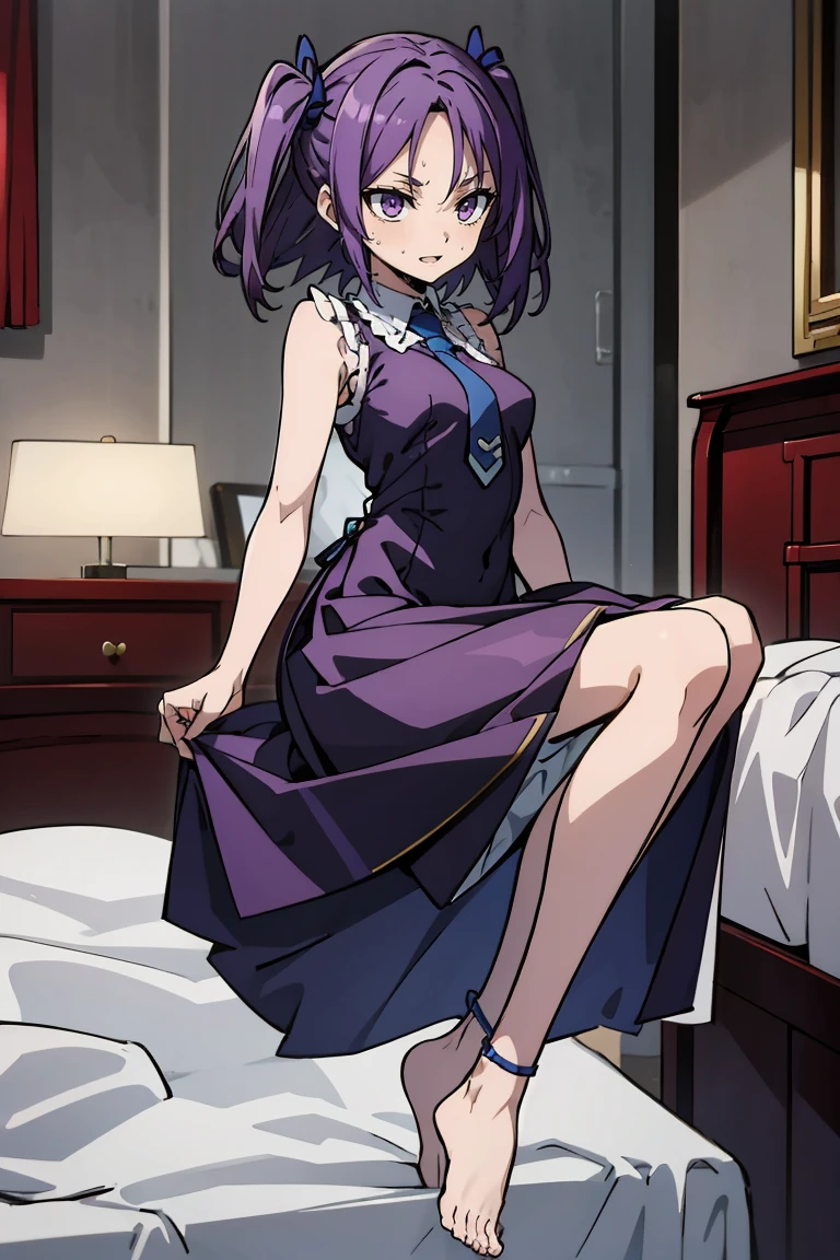 (masterpiece:1.2), (high quality:1.2), reo mikage, blue lock, girls with((1girl, solo, purple hair, (medium hair, right swept bangs, one side up:1.55), bare shoulder, blush, breasts, black sleeves, arm wears, elbow armwarmers, choker, cleavage, cowboy shot, collar, collarbone, rosary, cross, white clothes, blouse, white dress, sleeveless, collared shirt, necktie, cheongsam, cinderella dress, long dress, frilled panniers, open dress, leggings, boots, sandals, bare feet)), background with((bedroom, room:2.0))