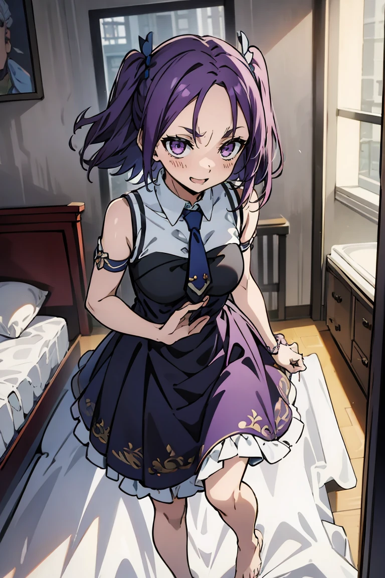 (masterpiece:1.2), (high quality:1.2), reo mikage, blue lock, girls with((1girl, solo, purple hair, (medium hair, right swept bangs, one side up:1.55), bare shoulder, blush, breasts, black sleeves, arm wears, elbow armwarmers, choker, cleavage, cowboy shot, collar, collarbone, rosary, cross, white clothes, blouse, white dress, sleeveless, collared shirt, necktie, cheongsam, cinderella dress, long dress, frilled panniers, open dress, leggings, boots, sandals, bare feet)), background with((bedroom, room:2.0))