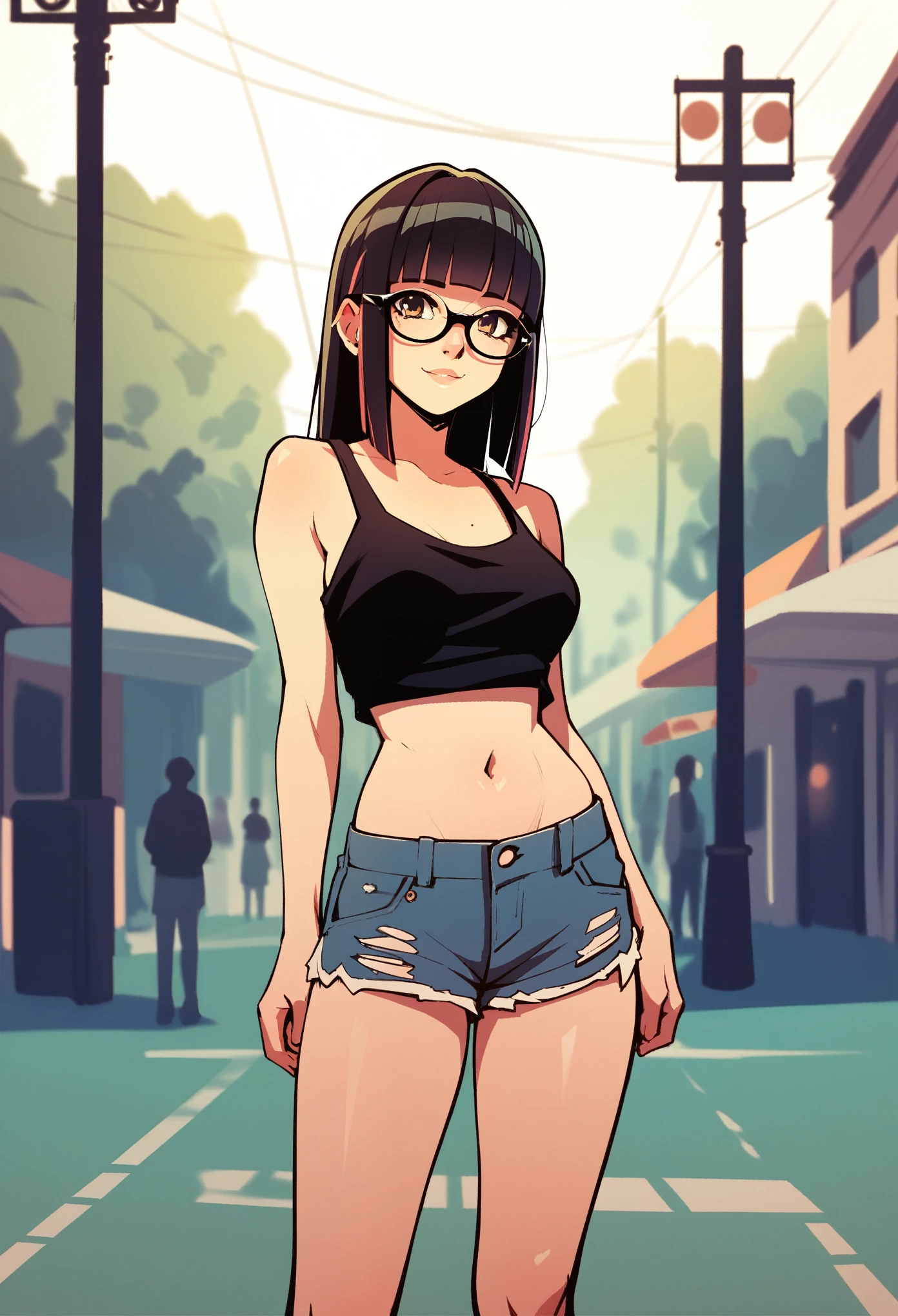 score_9, score_8_up, score_7_up, score_6_up, Character concept art of a pale skinned woman, hime cut hair, black crop top, khahki shorts, glasses, fashionable, high detail establishing shot. cinematic, bokeh, use of color theory