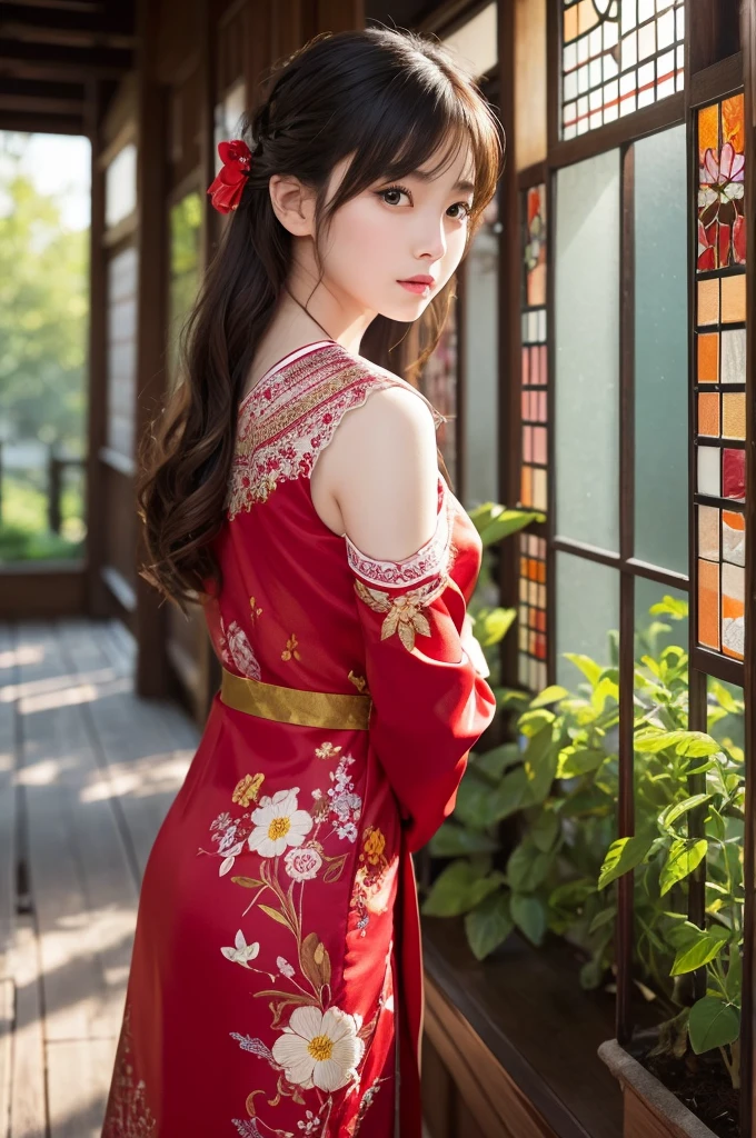 This image contains、It depicts a beautiful Japanese girl against a gorgeous Japanese-style background.。The background is a vibrant stained glass pattern.、The whole thing creates a fantastic atmosphere.。The beautiful girl is wearing a light red outfit.、The dress is embroidered with flowers。Thin fabric clothing、It transmits light and emphasizes the lines of the body.、Gives a beautiful and attractive impression。

In the beautiful girl&#39;s abdomen、The tattoo of two dragons drawn with blue and red light stands out.、It shines as if it were alive.。The pose is from a slightly diagonal downward perspective.、The beautiful girl&#39;s face is slightly downwards、It has an elegant and mysterious look.。

As a photographic technique、Light reflection and transmission、The depiction of shadows is very realistic.、In particular, the thinness of the costume and the light on the tattoos are carefully drawn down to the last detail.。The composition on a vertical screen、Enhance the beauty of the girl、The beautiful pattern in the background emphasizes the fantastical atmosphere.。Ultra-realistic photo-like texture、It makes the beautiful girl&#39;s presence stand out even more.。