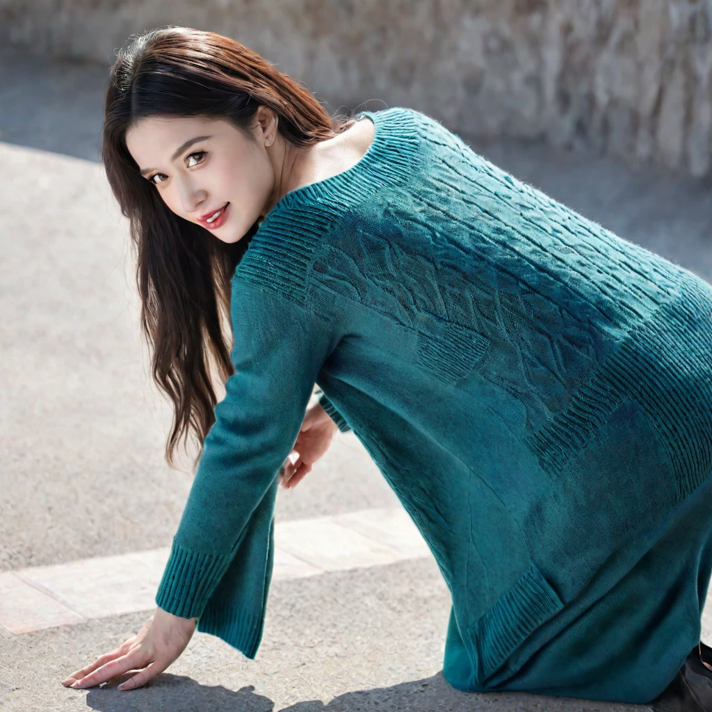 woman bending over on her knees and hands in a maxi knit dress, rear view angle