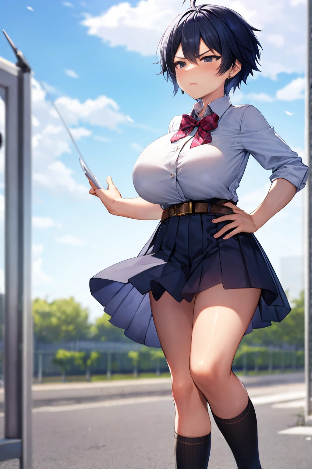 tomboy,blue-hair,short-hair,big-breast,school-uniform,tomboy,short-hair,18years-old,gang,earring,belt,super-big-breast,tsurime,half-closed-eye,black-under-eye,angry,hale-closed-eyes,all-body,whole body,all-body