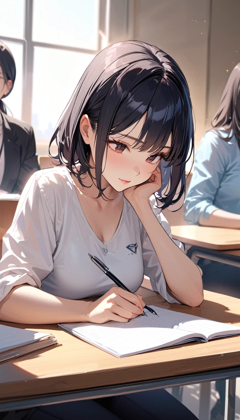 Verism, super detail, best quality, A beautiful woman with short black hair is attending a lecture in a university classroom. She is right-handed and writing notes with a pen.