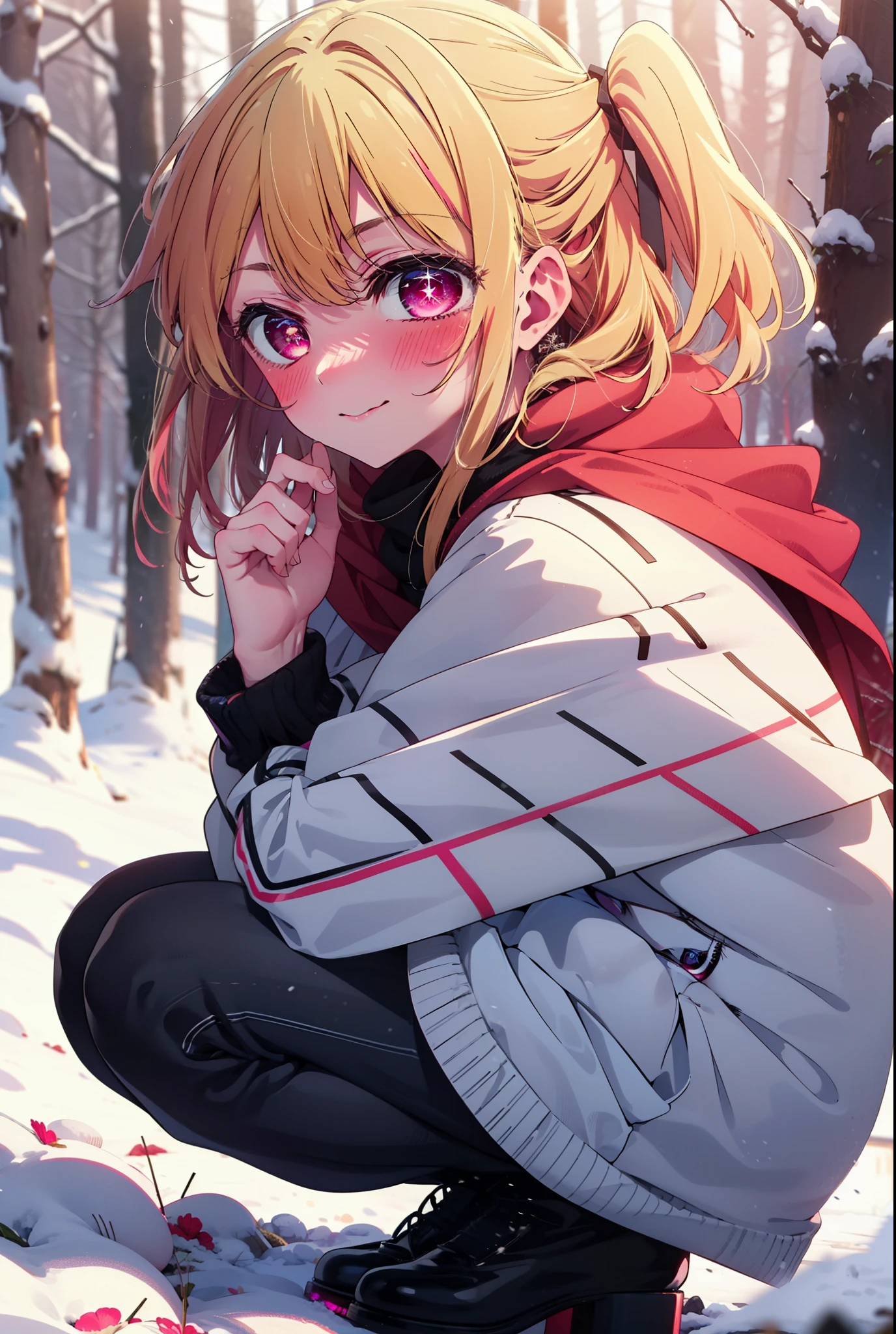 rubyhoshino, Hoshino Ruby, Long Hair, bangs, blonde, (Pink Eyes:1.3), Side Lock, (Symbol-shaped pupil:1.5), Multicolored Hair, Two-tone hair, smile,,smile,blush,white breath,
Open your mouth,snow,Ground bonfire, Outdoor, boots, snowing, From the side, wood, suitcase, Cape, Blurred, , forest, White handbag, nature, Squat, Mouth closed, Cape, winter, Written boundary depth, Black shoes, red Cape break looking at viewer, Upper Body, whole body, break Outdoor, forest, nature, break (masterpiece:1.2), Highest quality, High resolution, unity 8k wallpaper, (shape:0.8), (Beautiful and beautiful eyes:1.6), Highly detailed face, Perfect lighting, Extremely detailed CG, (Perfect hands, Perfect Anatomy),