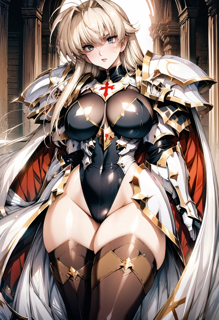 ((highest quality)), ((masterpiece)), ((hyperrealistic)), (detailed background), 1girl, ((curvy: 1.2)), perfect face, Langrisser, makeup, holding weapon, ((Cross black leotard: 1.5)), ((catsuit)), ((white paladin armor: 1.3)), ((long skirt)), (cloak de cour), gauntlet, gloves, silver straight hair, ahoge, (huge breasts), (see-through cleavage cutout), (brown pantyhose thigh), (zettai ryouiki armored thigh high boots), beautiful eyes, Perfect hands, perfect fingers,