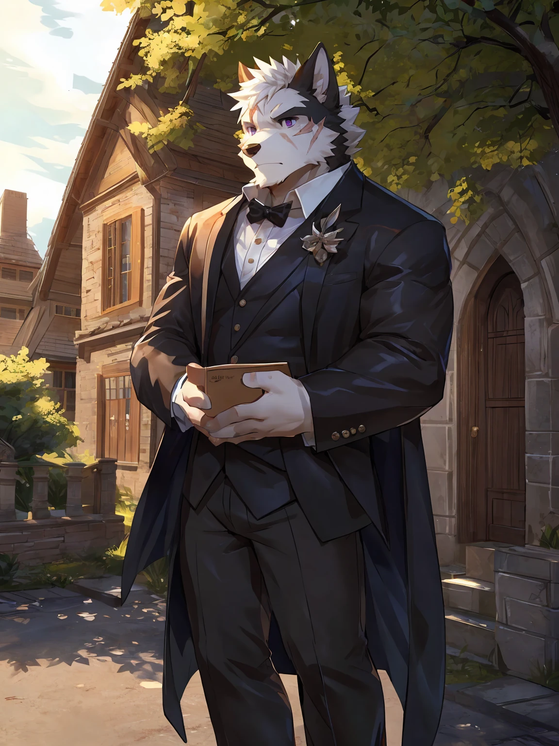 embedding:black wolf, male,purple eyes,Scar on the face, scar on the body,Single person,Black suit,Black waistcoat,Smart posture, smart expression,Standing in the shade of a tree,Turn sideways,In front of the characters is the house.Manor style architecture,With the box in his hand,Tall, mature,father,A modern manor,In the courtyard,Gravel road,Serious,Handsome, silent,Maturity,The highest quality of scene detail,adult,Tall and powerful,muscle,Exquisite scenes,Best quality hands, best quality eye,detailed fur,Delicate eyes.Extreme picture quality,by sollyz,by zixiong,by milkytiger1145