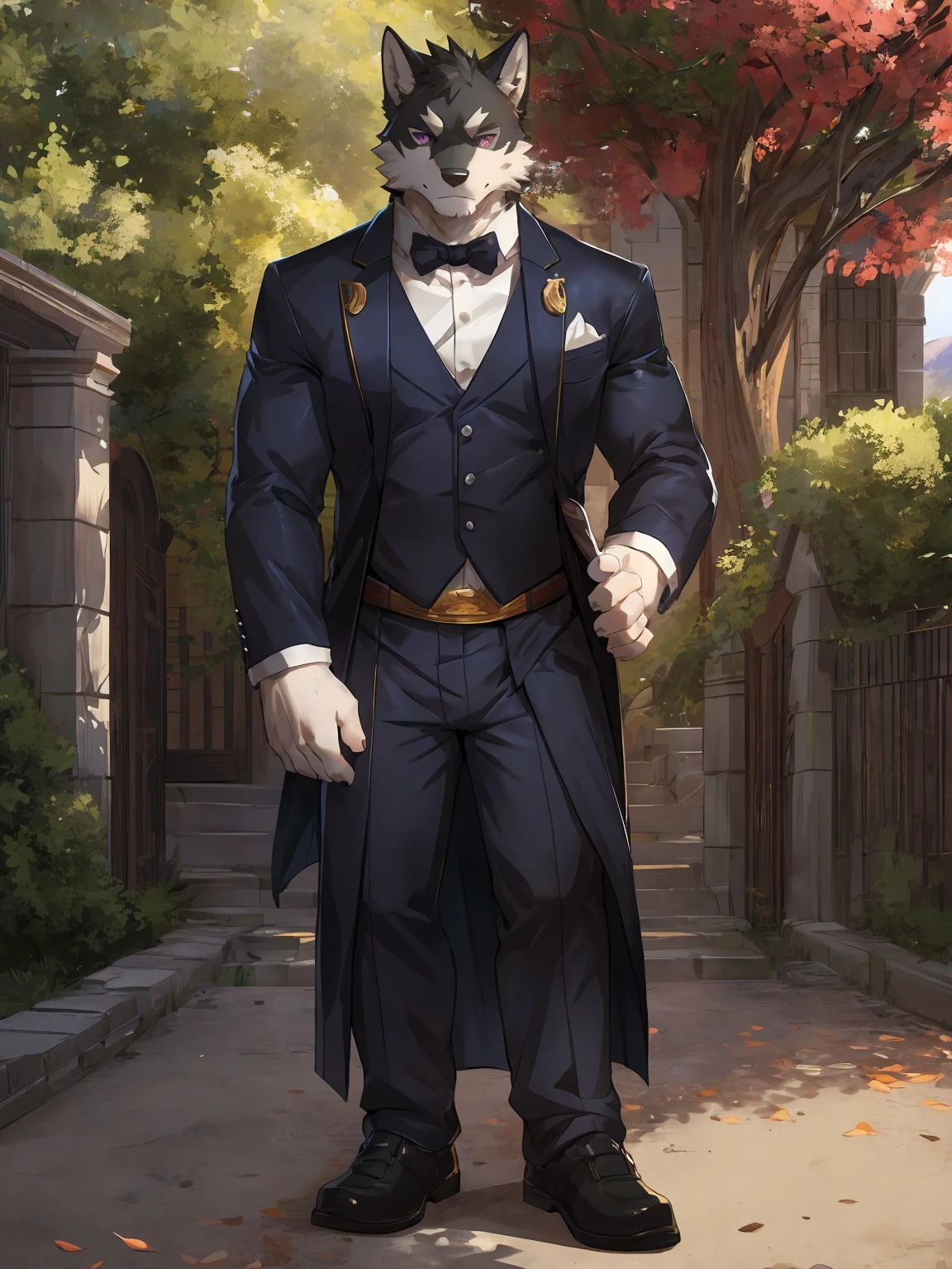 embedding:black wolf, male,purple eyes,Scar on the face, scar on the body,Single person，Black suit,Black waistcoat,Smart posture, smart expression,Standing in the shade of a tree,Turn sideways,In front of the characters is the house.Manor style architecture,With the box in his hand,Tall, mature,father，A modern manor,In the courtyard,Gravel road,Serious,Handsome, silent,Maturity,The highest quality of scene detail,adult,Tall and powerful,muscle，Exquisite scenes,Best quality hands, best quality eye，detailed fur，Delicate eyes.Extreme picture quality，by sollyz,by zixiong,by milkytiger1145