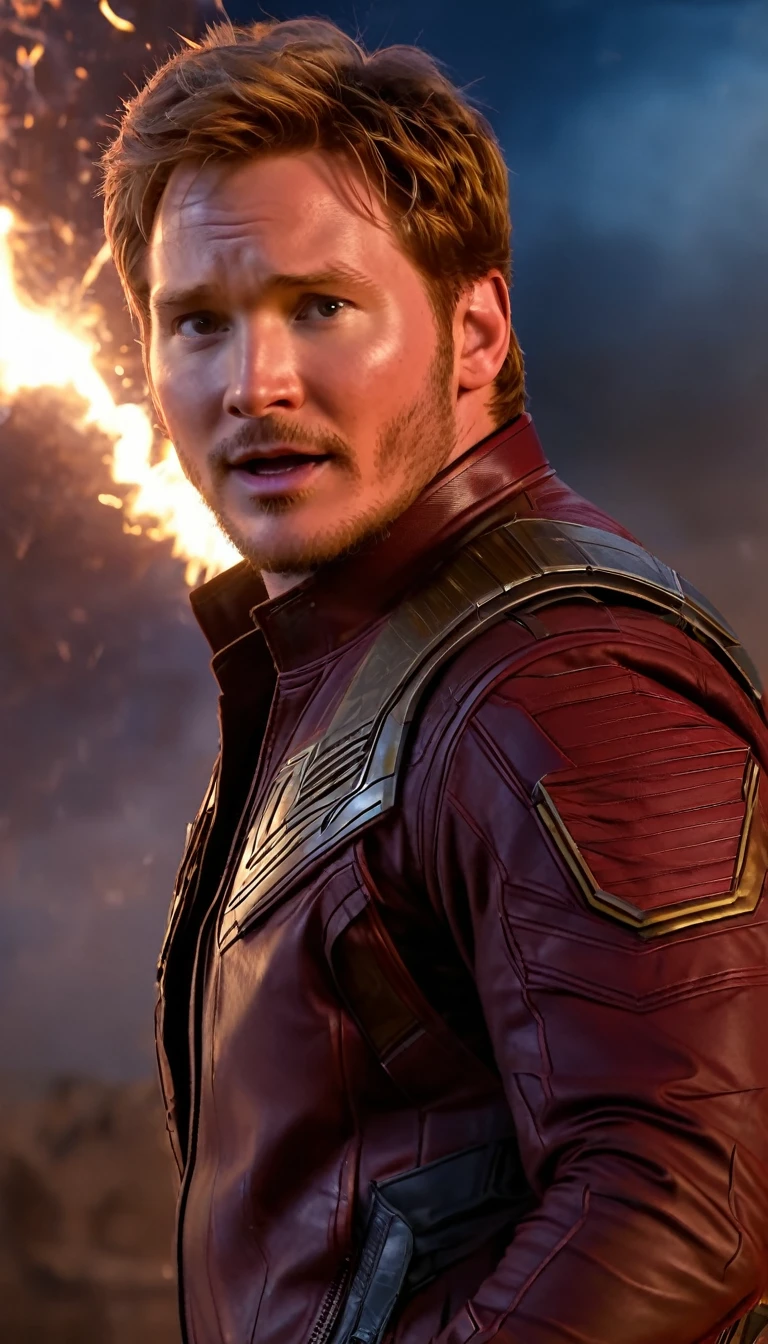 Marvel - Peter Quill, close-up, brilliant lightning, fire and smoke background, winning the great battle to save the world, masterpiece, 8K, realistic
