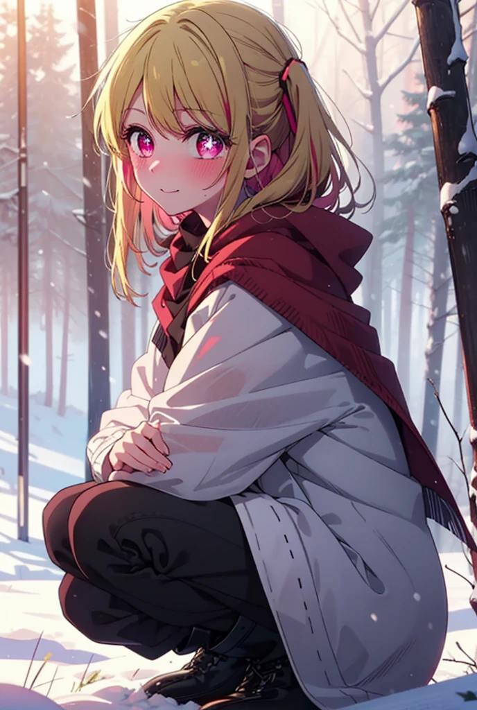 rubyhoshino, Hoshino Ruby, Long Hair, bangs, blonde, (Pink Eyes:1.3), Side Lock, (Symbol-shaped pupil:1.5), Multicolored Hair, Two-tone hair, smile,,smile,blush,white breath,
Open your mouth,snow,Ground bonfire, Outdoor, boots, snowing, From the side, wood, suitcase, Cape, Blurred, , forest, White handbag, nature,  Squat, Mouth closed, Cape, winter, Written boundary depth, Black shoes, red Cape break looking at viewer, Upper Body, whole body, break Outdoor, forest, nature, break (masterpiece:1.2), Highest quality, High resolution, unity 8k wallpaper, (shape:0.8), (Beautiful and beautiful eyes:1.6), Highly detailed face, Perfect lighting, Extremely detailed CG, (Perfect hands, Perfect Anatomy),