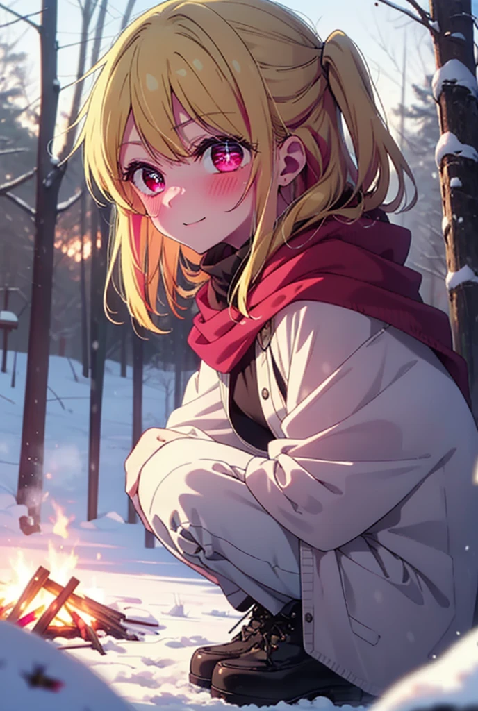 rubyhoshino, Hoshino Ruby, Long Hair, bangs, blonde, (Pink Eyes:1.3), Side Lock, (Symbol-shaped pupil:1.5), Multicolored Hair, Two-tone hair, smile,,smile,blush,white breath,
Open your mouth,snow,Ground bonfire, Outdoor, boots, snowing, From the side, wood, suitcase, Cape, Blurred, , forest, White handbag, nature,  Squat, Mouth closed, Cape, winter, Written boundary depth, Black shoes, red Cape break looking at viewer, Upper Body, whole body, break Outdoor, forest, nature, break (masterpiece:1.2), Highest quality, High resolution, unity 8k wallpaper, (shape:0.8), (Beautiful and beautiful eyes:1.6), Highly detailed face, Perfect lighting, Extremely detailed CG, (Perfect hands, Perfect Anatomy),