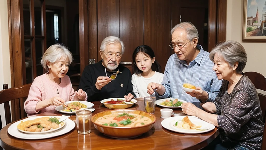 grandma,grandfather,mom,dad,The whole family, including children, sits around the table and enjoys a delicious meal, The menu is soup with chicken.
