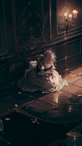 a maid in middle of a ballroom, alone, detailed face, haunting, mysterious, glowing floor, scattered rocks everywhere, broken candlestick