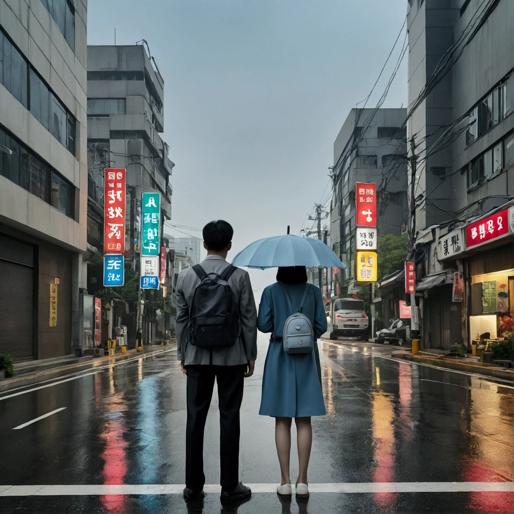 Gloomy sky and rainy streets of Seoul. With the light reflected on the roadside, I vaguely see a blinking traffic light in the distance.
A Korean man and a Korean woman standing with their backs turned. The distance between the two is not that big, But between them is a broken clock and a photo..
The overall color is a combination of gray and blue., Gives a quiet and calm feeling