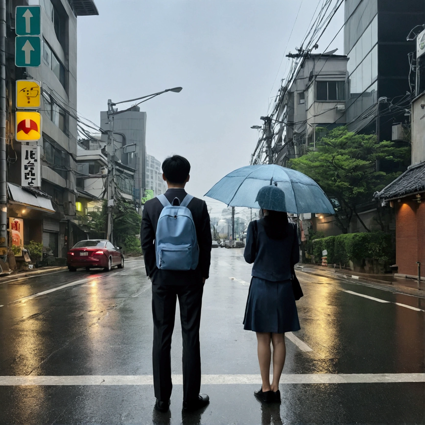 Gloomy sky and rainy streets of Seoul. With the light reflected on the roadside, I vaguely see a blinking traffic light in the distance.
A Korean man and a Korean woman standing with their backs turned. The distance between the two is not that big, But between them is a broken clock and a photo..
The overall color is a combination of gray and blue., Gives a quiet and calm feeling