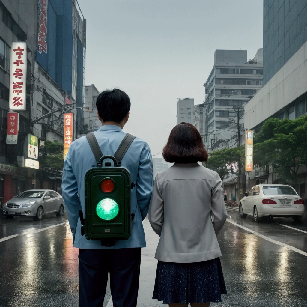 Gloomy sky and rainy streets of Seoul. With the light reflected on the roadside, I vaguely see a blinking traffic light in the distance.
A Korean man and a Korean woman standing with their backs turned. The distance between the two is not that big, But between them is a broken clock and a photo..
The overall color is a combination of gray and blue., Gives a quiet and calm feeling