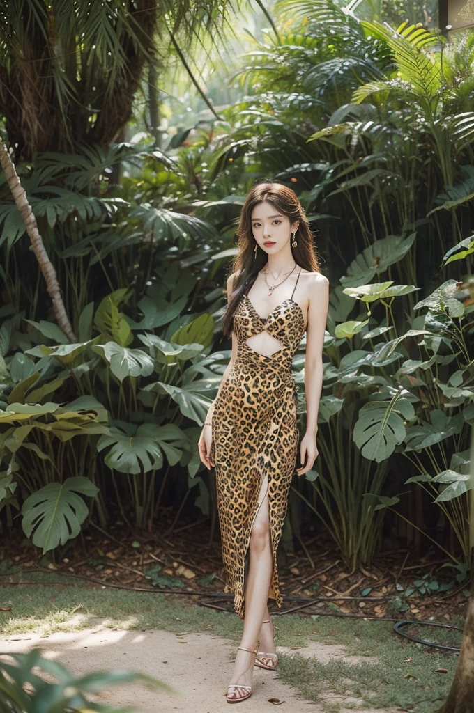 (((best quality))),(((ultra detailed))),(((masterpiece))),illustration,((1 beautiful girl,solo)),(shoulder length messy hair:1.2),((Beast bone earrings and necklace)),((slim,thin)),((small breasts,flat chest)),(slender legs:1.2),fair complexion,(leopard print dress:1.3),(standing:1.3),seductive,wild spirit,lush forest,primitive,tall trees,green canopy, sunlight filter,scent of earth,bird chirping,small creatures,secluded spot,captivating,enigmatic,raw energy,untamed spirit,morden day Eve,Garden of Eden,playful,adventurous,striking appearance,exotic setting,summertime,heat,humidity,vibrant colours,endless possibilities,exquisite detail,expansive wilderness,feminine allure,((from front,full body))