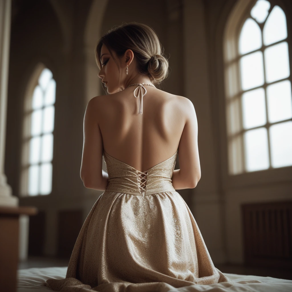 woman praying on her knees and hands in a maxi dress, rear view angle