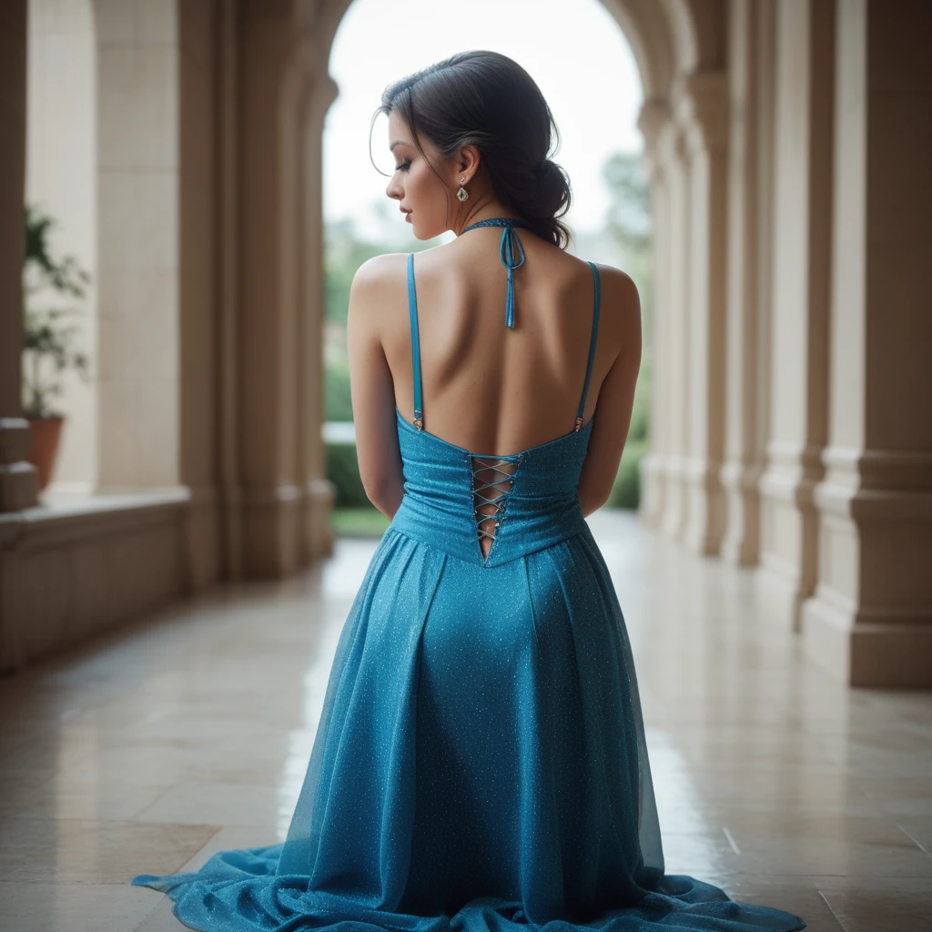 woman praying on her knees and hands in a maxi dress, rear view angle