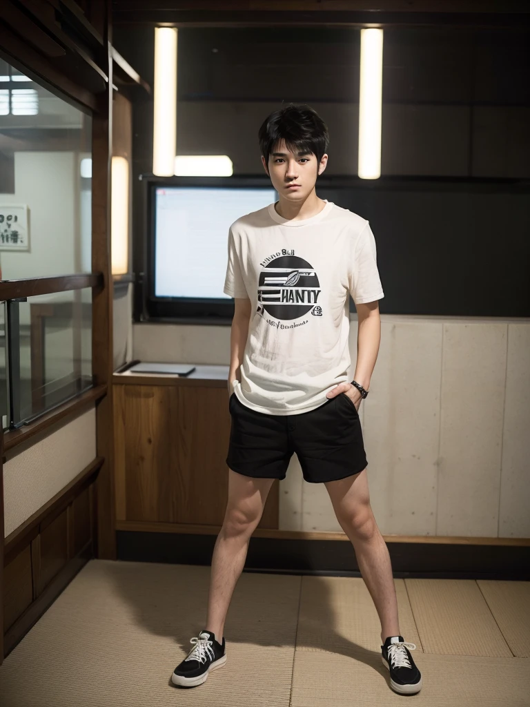 (super sharp focus), (Hairy legs), (((full body))), Japanese man, twenty years old, very short hair, Black Hair, Wearing shorts