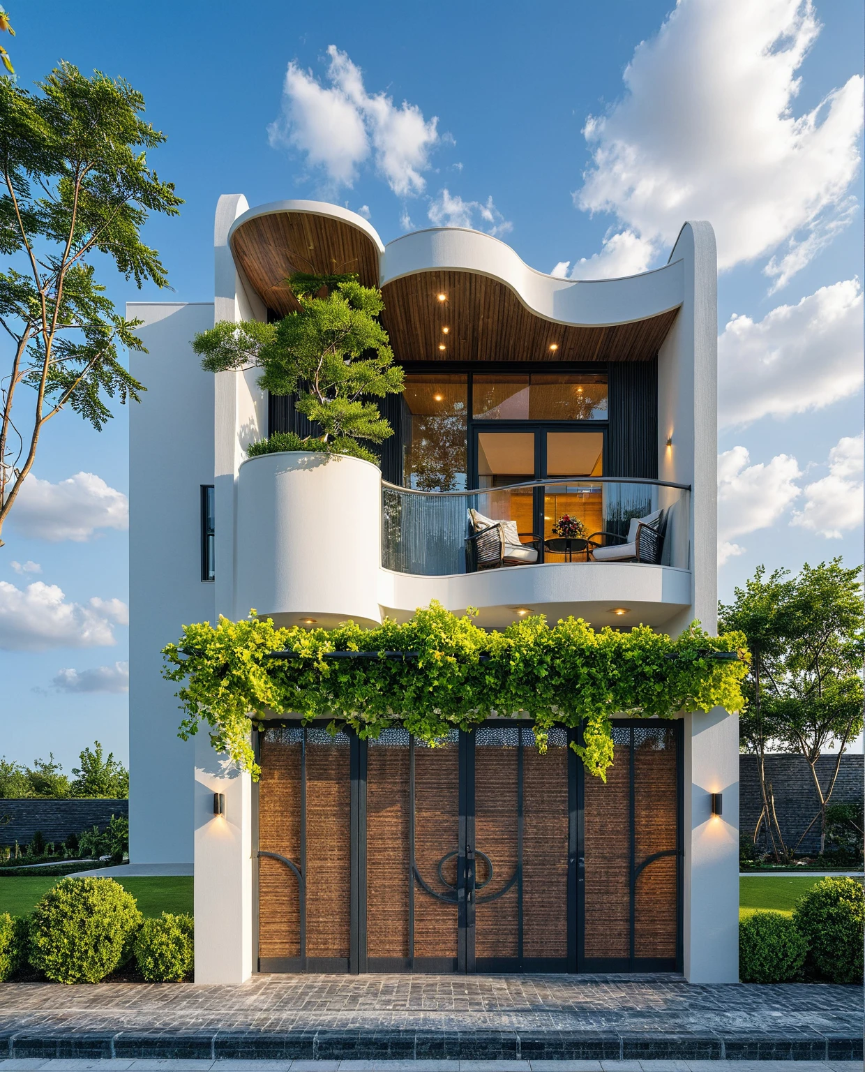 Masterpiece, high quality, best quality, authentic, super detailed, outdoor, aiaigroup, modern townhouse style, stairs, white wall combined with wood, wind encaustic tiles, iron gate, conwood ceiling, flowers, path, summer evening, grass, trees, sky, clouds, (daylight: 1.1)