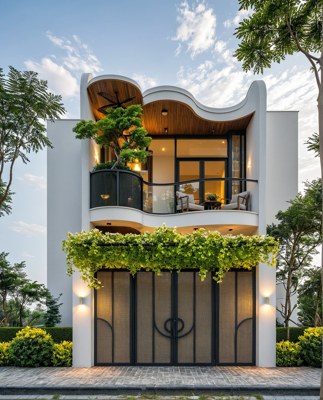 Masterpiece, high quality, best quality, authentic, super detailed, outdoor, aiaigroup, modern townhouse style, stairs, white wall combined with wood, wind encaustic tiles, iron gate, conwood ceiling, flowers, path, summer evening, grass, trees, sky, clouds, (daylight: 1.1)