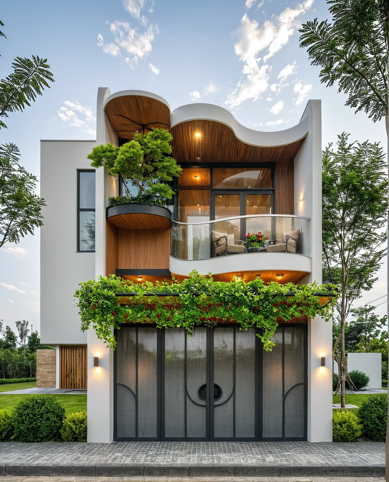 Masterpiece, high quality, best quality, authentic, super detailed, outdoor, aiaigroup, modern townhouse style, stairs, white wall combined with wood, wind encaustic tiles, iron gate, conwood ceiling, flowers, path, summer evening, grass, trees, sky, clouds, (daylight: 1.1)
