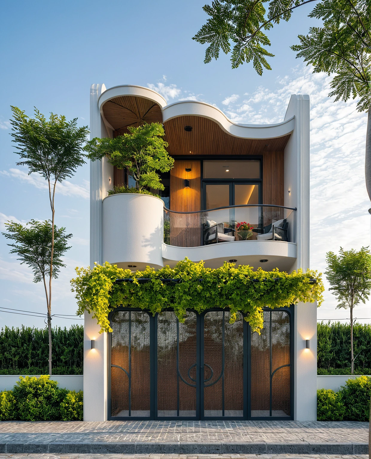 Masterpiece, high quality, best quality, authentic, super detailed, outdoor, aiaigroup, modern townhouse style, stairs, white wall combined with wood, wind encaustic tiles, iron gate, conwood ceiling, flowers, path, summer evening, grass, trees, sky, clouds, (daylight: 1.1)