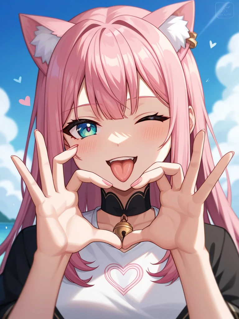 Adult, Female, long pink hair, winking, tongue out, heart hands, vtuber, otaku bedroom, Masterpiece, Accurate, Anatomically Correct, Best Quality, High Details, Detail, Super Detailed, Best detail, Perfect detail, Amazing detail, [-3, 3], perfect hands, best hands, best fingers, perfect fingers, perfect body, best body, amazing body, Looking at viewer, front facing, upper body shot, Cat Ears, Close-Up, 