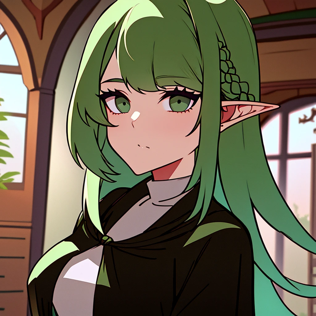 A woman with short white and green hair , with bangs parted in the middle, emerald green eyes. wearing a black robe, and the inside of the shirt is green, elf ears.