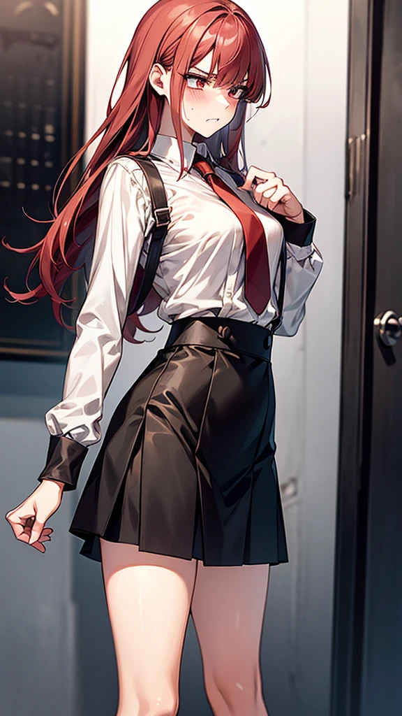 {{masterpiece}}, {{{Highest quality}}},{{Very detailed}}, {{figure}},{{tall}},{{Adult female}},,{{Fighting stance}},{from side},{{Long sleeve mini skirt uniform}},{}},}}{}},{fighting stance}},{},{}, ,{{}},{{Eyelet foot}},,{{blushing with anger}},{{}},,{{}},{{}},,Slender body}}{{}}{{Female police officer}},,,,suspenders ,Long sleeve mini skirt uniform, White High Socks,Black fingerless gloves, Long Red Hair, Red tie,Straight hair ,Blunt bangs,Thigh holster,.amountn loafer,,blush,Wrinkles ,amount,Grit your teeth,suffering,v-shaped eyebrows.,Sweat dripping,Medium chest ,get annoyed,,Slums,,Twisting,
