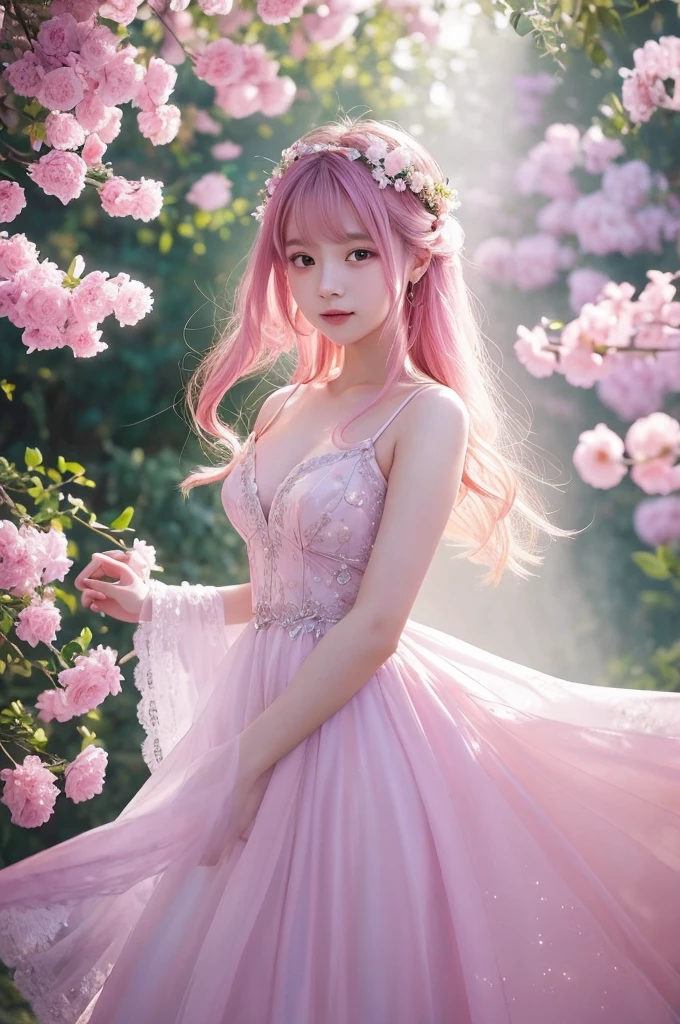 This image contains、It depicts a beautiful Japanese girl surrounded by a fantastical background.。The background is filled with pale pink and purple light.、It creates an atmosphere that makes you feel like you are in a dream.。The beautiful girl is wearing a thin white outfit.、The costume reflects the light and sparkles.。The thinness of the costume beautifully accentuates the lines of the body.、It further enhances the fantastic atmosphere.。

The beautiful girl has pink hair、Softly spreads、It shines with light。Her pose is elegant、She is leaning forward slightly and looking towards me.、She has a soft and seductive look。

As a photographic technique、The contrast of light and shadow is very realistic.、The texture of the clothes and hair in particular is depicted in great detail.。Background light effects、The way the petals flutter down is also very detailed.、Overall, a fantastic and beautiful scene has been completed.。The vertical composition emphasizes the beautiful girl&#39;s figure.、The fantastic light in the background creates a super-realistic, photo-realistic texture.。