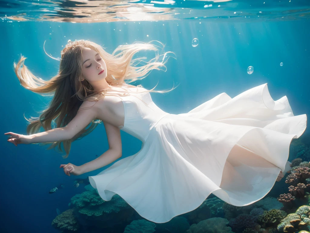 sleep, an artwork of a woman in white dress and flowing white hair under water, 1 girl, dress, Underwater, alone, Long Hair, Brown Hair, air bubble, barefoot, bubble
