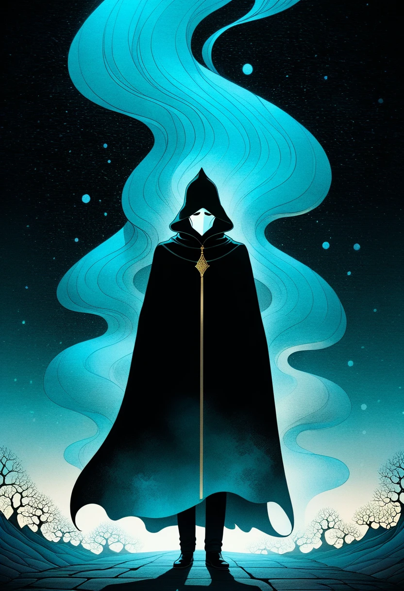 A man in a cloak、Fantasy portrait of a tall figure wearing a white mask, Traveler Azem, Desire to explore the end of the world,Discover its wonders,and help its inhabitants, author:Andy Kehoe, Gradient Masterpiece, Blue Cyan , rococopunk, Luminism, Seamless, ink, ink水气泡, Gold foil lines, 酒精ink水元素, curve, Movie, realism, Chiaroscuro, shadow play, Gold foil lines, 明亮的酒精ink水溅, Volumetric Light, Halo, Sunlight, Bright colors reflect, Isometric, The art of math, smoke, pollute, Toxic waste, Chimneys and railways, 3D Rendering, Octane Rendering, Volumetric method, author:Greg Rutkowski