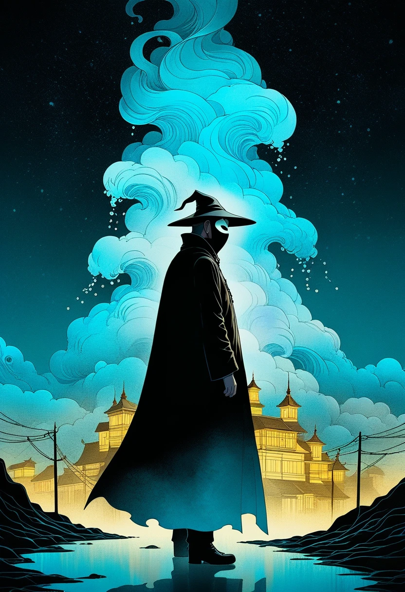 A man in a cloak、Fantasy portrait of a tall figure wearing a white mask, Traveler Azem, Desire to explore the end of the world，Discover its wonders，and help its inhabitants, author：Andy Kehoe, Gradient Masterpiece, Blue Cyan , rococopunk, Luminism, Seamless, ink, ink水气泡, Gold foil lines, 酒精ink水元素, curve, Movie, realism, Chiaroscuro, shadow play, Gold foil lines, 明亮的酒精ink水溅, Volumetric Light, Halo, Sunlight, Bright colors reflect, Isometric, The art of math, smoke, pollute, Toxic waste, Chimneys and railways, 3D Rendering, Octane Rendering, Volumetric method, author：Greg Rutkowski