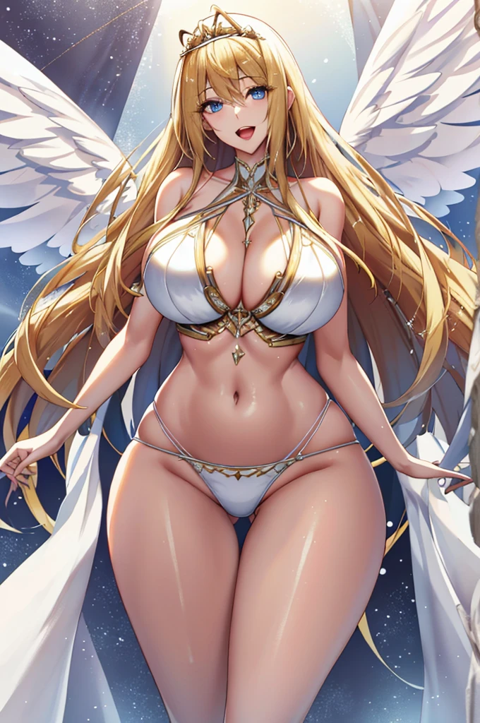 最high quality, high quality, 8k、High resolution,最high quality、anime、alone、solo、White bikini、Wings on my chest、Long neck、From below、Western adult woman,Long legs、She has a golden tiara on her head、Thick body、Thighs、Angel wings on my chest,Beautiful luster,、belly button,Complex,Particles of light,Thighs,Glowing Skin,Big Mouth、She stands motionless、Long legs、Perfect lighting, 1 adult female, Open Mouth Smile、(最high quality), Overflowing Motherhood, Porcelain-like skin, alone、White bikini、Wings on my chest、Honey Blonde Hair,Detailed blue eyes、Very long straight hair