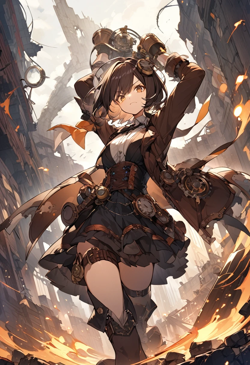 steampunk、Girl、Rin々has a nice face、Short Hair、Wearing vivid colors、The background is ruins、Have a dynamic pose