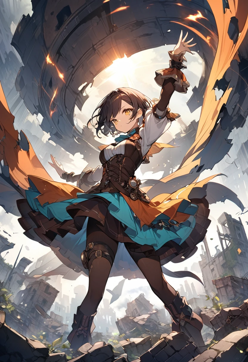 steampunk、Girl、Rin々has a nice face、Short Hair、Wearing vivid colors、The background is ruins、Have a dynamic pose