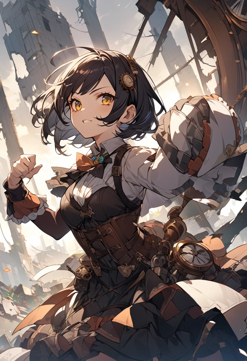 steampunk、Girl、Rin々has a nice face、Short Hair、Wearing vivid colors、The background is ruins、Have a dynamic pose