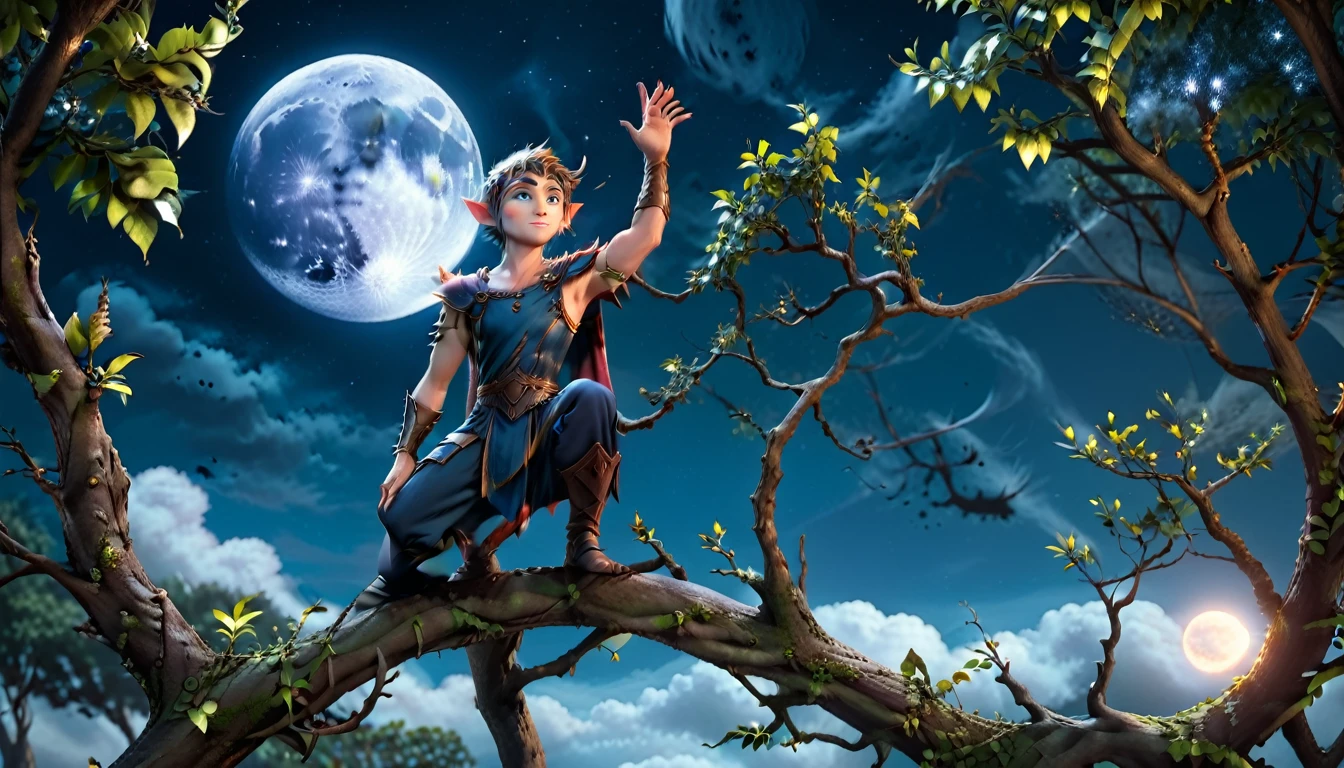 A stunning 3D scene,A handsome male Kalda elf standing on a tree branch facing the moon in the sky,Looking at the moon, performing actions like a stage play。The atmosphere is mysterious and magical,Beautiful light,The moon shines blue and illuminates everywhere。HD,4K,high quality。