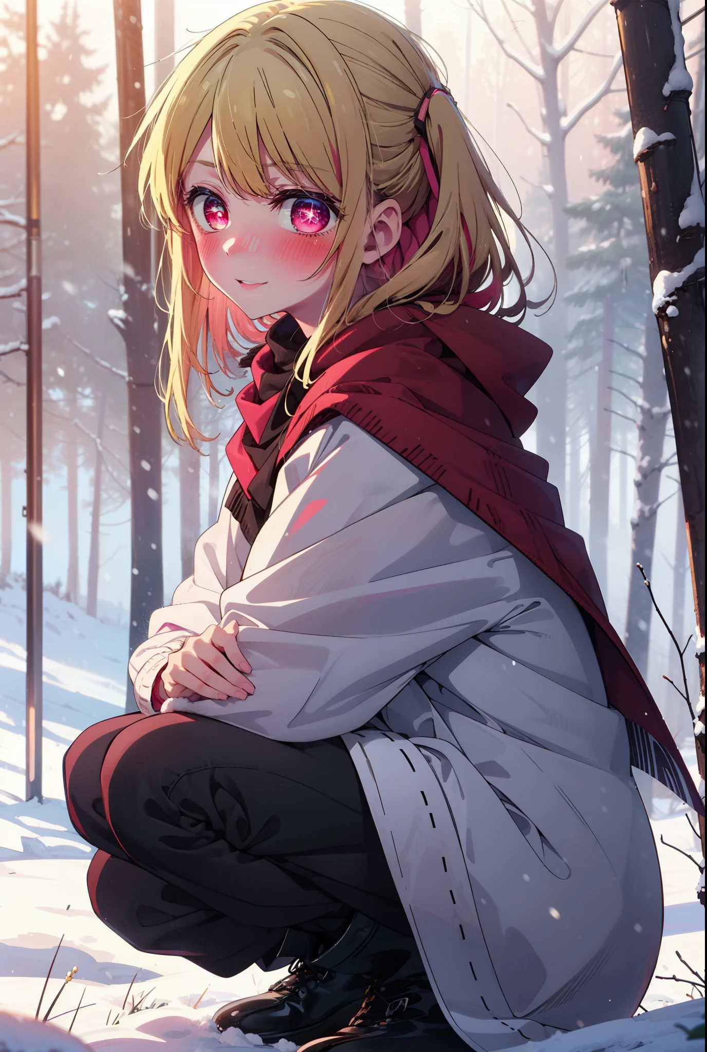 rubyhoshino, Hoshino Ruby, Long Hair, bangs, blonde, (Pink Eyes:1.3), Side Lock, (Symbol-shaped pupil:1.5), Multicolored Hair, Two-tone hair, smile,,smile,blush,white breath,
Open your mouth,snow,Ground bonfire, Outdoor, boots, snowing, From the side, wood, suitcase, Cape, Blurred, , forest, White handbag, nature,  Squat, Mouth closed, Cape, winter, Written boundary depth, Black shoes, red Cape break looking at viewer, Upper Body, whole body, break Outdoor, forest, nature, break (masterpiece:1.2), Highest quality, High resolution, unity 8k wallpaper, (shape:0.8), (Beautiful and beautiful eyes:1.6), Highly detailed face, Perfect lighting, Extremely detailed CG, (Perfect hands, Perfect ???????),