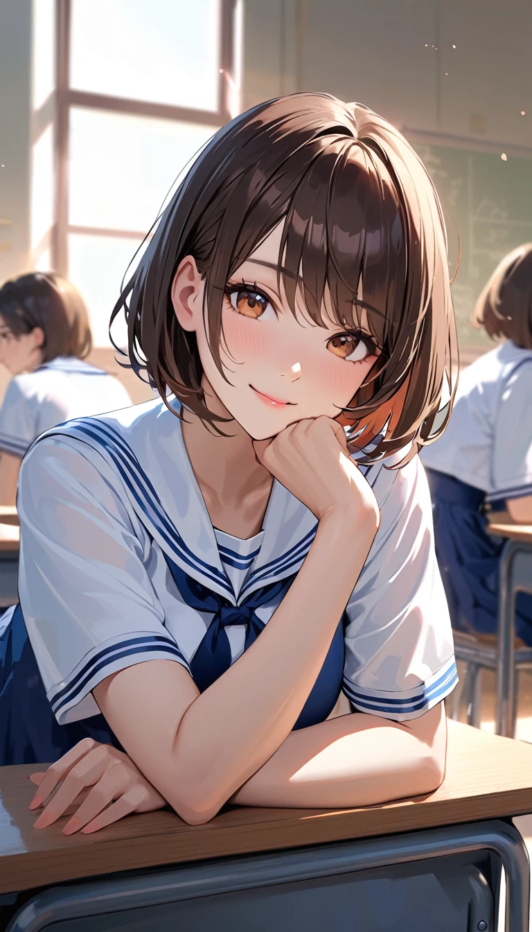 Verism, super detail, best quality, A beautiful woman ,Short Bob,Dark brown hair ,Sailor suit, she is resting her chin on her hand, looking at the camera, smile, The setting is inside a high school classroom during the day.