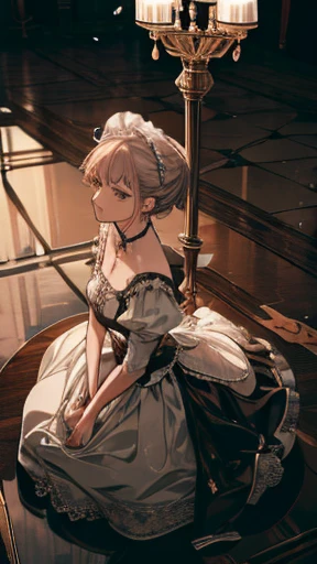 a maid in middle of a ballroom, alone, detailed face, glowing floor, scattered rocks everywhere, broken candlestick