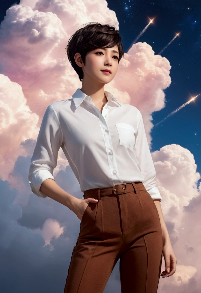 1 girl, (wearing white shirt and brown pants), (short pixie hair style), (black hair), masterpiece,Clouds,,Properties of marshmallow,White-pink tones,Overall Top,high detail photo,dark blue-sky,Blue,light wind,Illustration,Clean and bright,Huge little,Cross the sky from bottom to top,Bright light、shooting stars、dark sky with stars