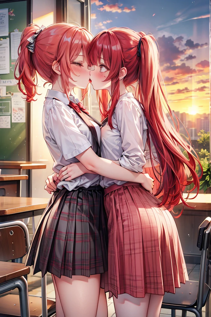 masterpiece, best quality, nsfw,
 2girl, kiss, 
 summer , plaid skirt, red hair, ponytail, embarrassed face, 
 classroom, sunset,