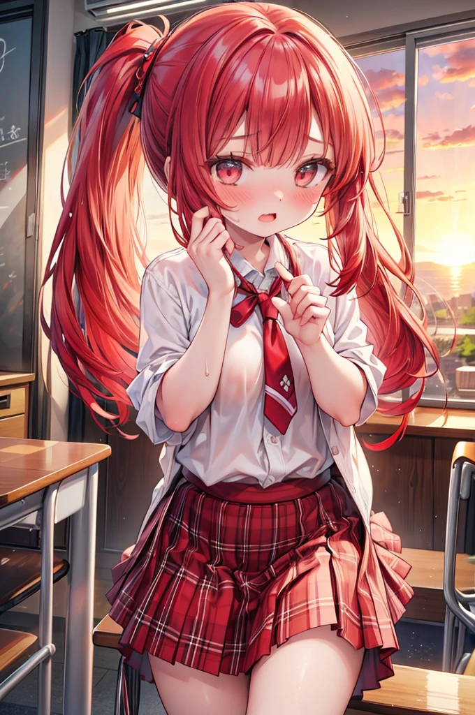 masterpiece, best quality, nsfw,
2girl, kiss,
summer , plaid skirt, red hair, ponytail, embarrassed face,
classroom, sunset,