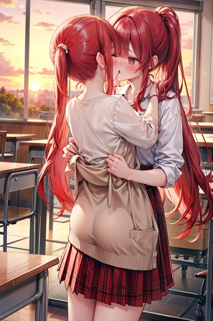 masterpiece, best quality, nsfw,
2girl, kiss,
summer , plaid skirt, red hair, ponytail, embarrassed face,
classroom, sunset,