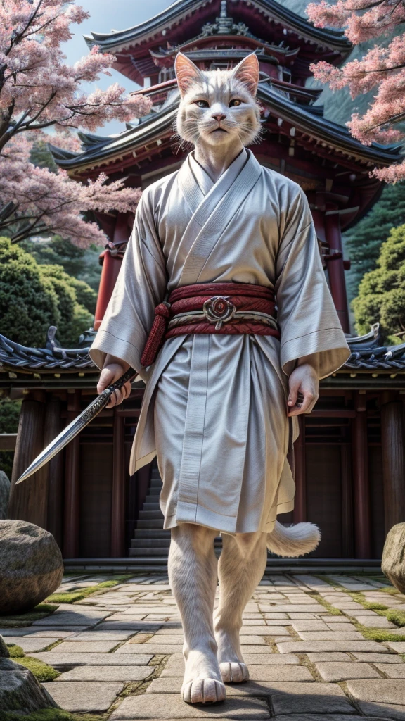 (((8k))), (((High resolution))),((Highest quality)),A white cat wearing a kimono,muscle,Bipedal,upright,Short,3 heads,Serious face,samurai,Pulling out the sword,Shrine garden,SakuraFubuki,Ultra-realistic,8k,Ultra-fine,Super detailed