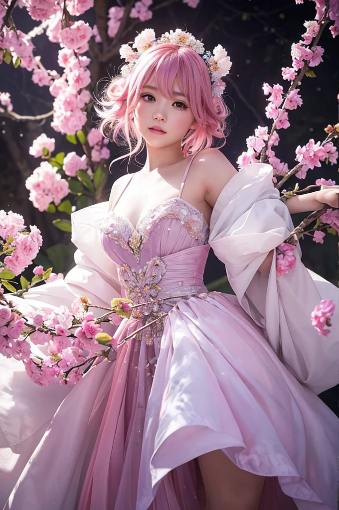 This image contains、It depicts a beautiful Japanese girl surrounded by a fantastical background.。The background is filled with pale pink and purple light.、It creates an atmosphere that makes you feel like you are in a dream.。The beautiful girl is wearing a thin white outfit.、The costume reflects the light and sparkles.。The thinness of the costume beautifully accentuates the lines of the body.、It further enhances the fantastic atmosphere.。
The beautiful girl has pink hair、Softly spreads、It shines with light。Her pose is elegant、She is leaning forward slightly and looking towards me.、She has a soft and seductive look。
As a photographic technique、The contrast of light and shadow is very realistic.、The texture of the clothes and hair in particular is depicted in great detail.。Background light effects、The way the petals flutter down is also very detailed.、Overall, a fantastic and beautiful scene has been completed.。The vertical composition emphasizes the beautiful girl's figure.、The fantastic light in the background creates a super-realistic, photo-realistic texture.。