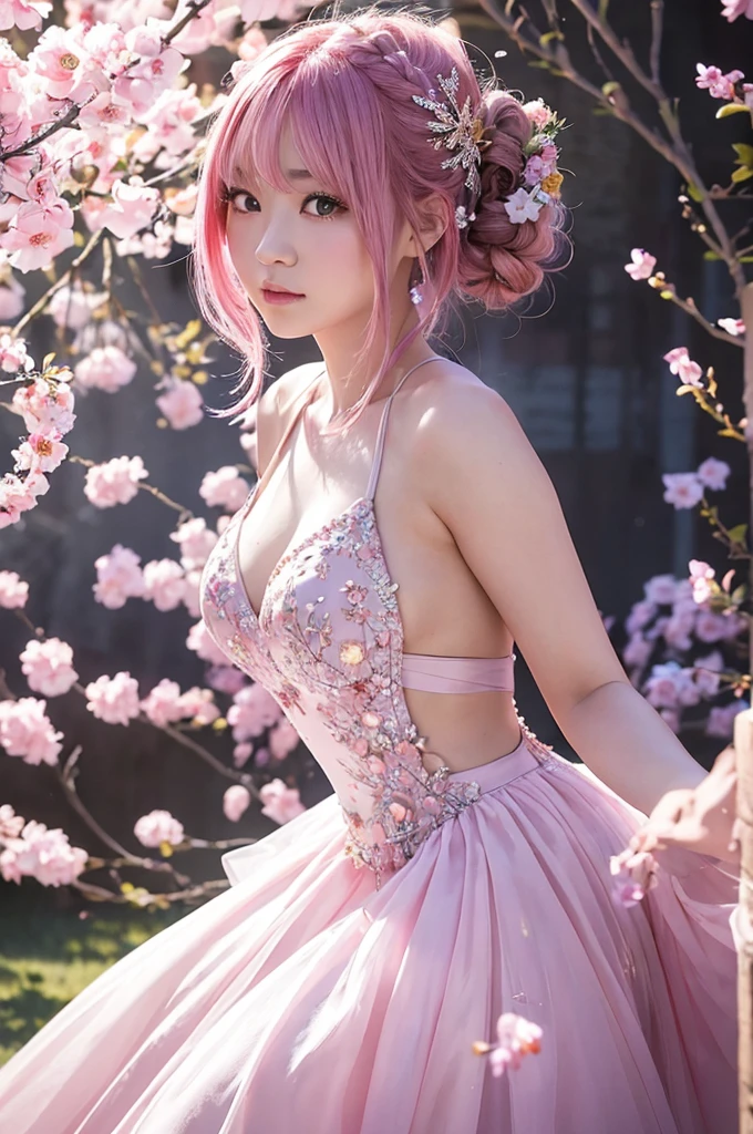 This image contains、It depicts a beautiful Japanese girl surrounded by a fantastical background.。The background is filled with pale pink and purple light.、It creates an atmosphere that makes you feel like you are in a dream.。The beautiful girl is wearing a thin white outfit.、The costume reflects the light and sparkles.。The thinness of the costume beautifully accentuates the lines of the body.、It further enhances the fantastic atmosphere.。

The beautiful girl has pink hair、Softly spreads、It shines with light。Her pose is elegant、She is leaning forward slightly and looking towards me.、She has a soft and seductive look。

As a photographic technique、The contrast of light and shadow is very realistic.、The texture of the clothes and hair in particular is depicted in great detail.。Background light effects、The way the petals flutter down is also very detailed.、Overall, a fantastic and beautiful scene has been completed.。The vertical composition emphasizes the beautiful girl&#39;s figure.、The fantastic light in the background creates a super-realistic, photo-realistic texture.。